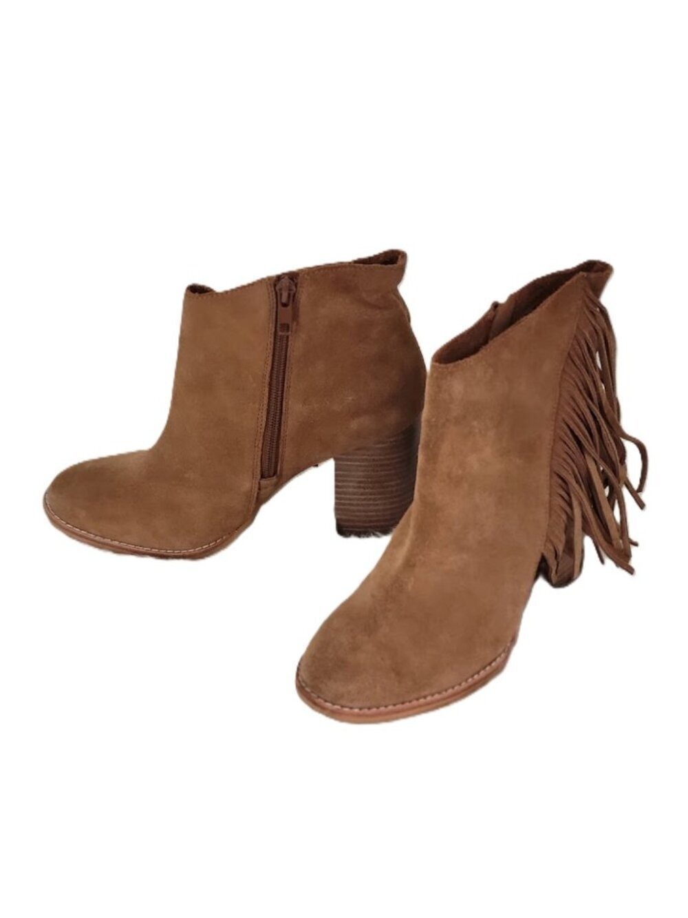 Arturo Chiang Reiden Suede Ankle Boots Fringe Block Heel Brown Side Zip Size 7